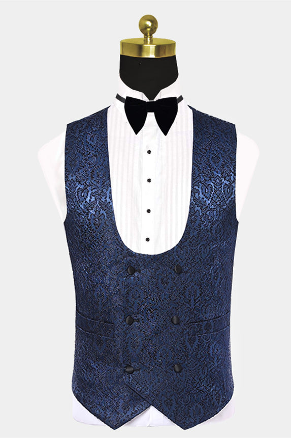 Slim Navy Blue Floral Wedding Prom Suit for Men with Black Satin Lapel