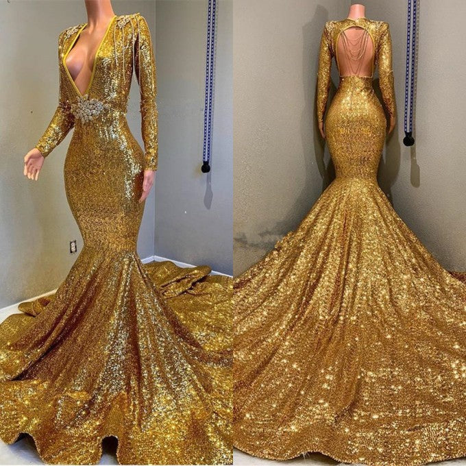 Glamorous Gold Mermaid Prom Dress with Long Sleeves and V-Neck Applique