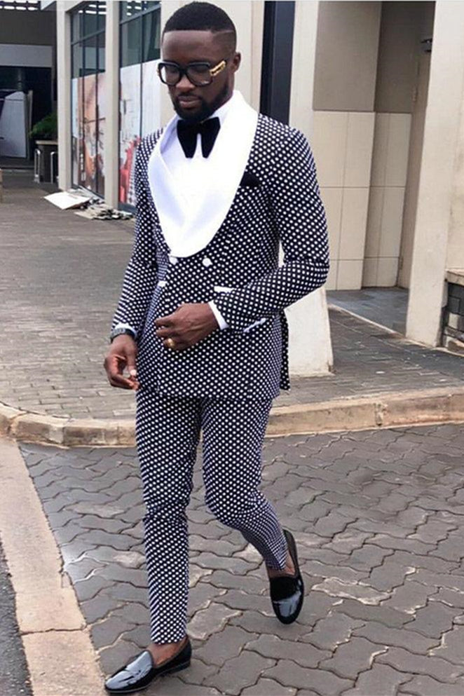 White Lapel Double Breasted Men's Suit with Black Dot Shawl Lapel