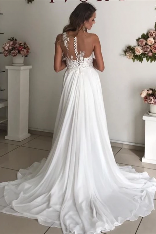 Elegant Long Sleeveless Chiffon Beach Wedding Dress with Appliques