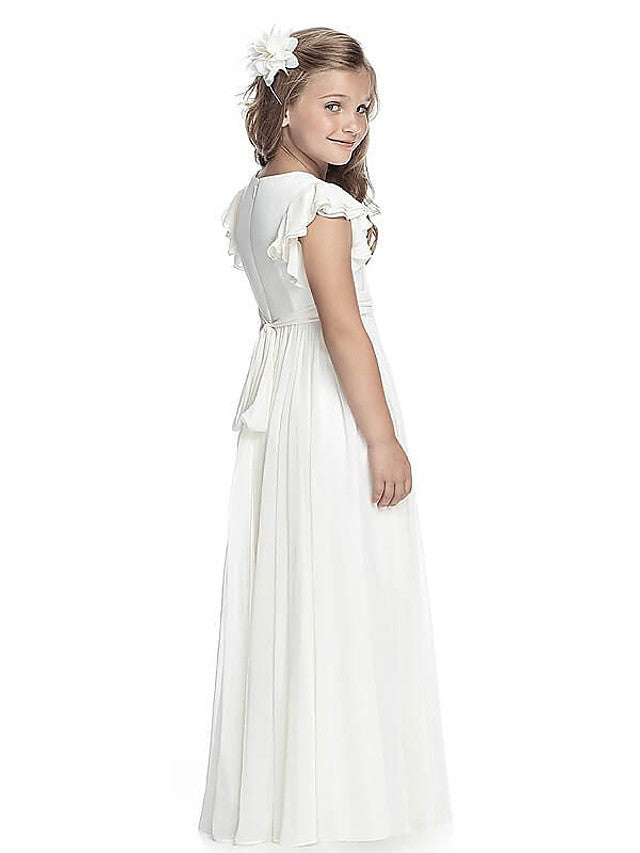 A-Line Flower Girl Dress With Jewel and Sash Ribbon - Floor Length