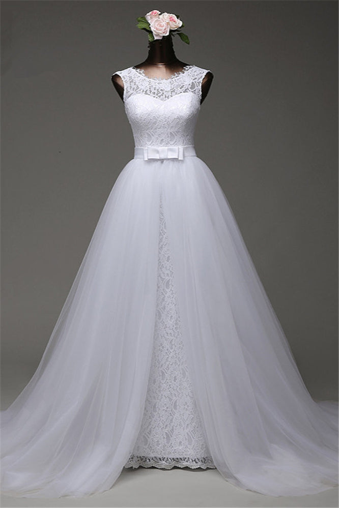 Chic Lace Long Wedding Dress with Jewel Sleeveless and Tulle Overskirt