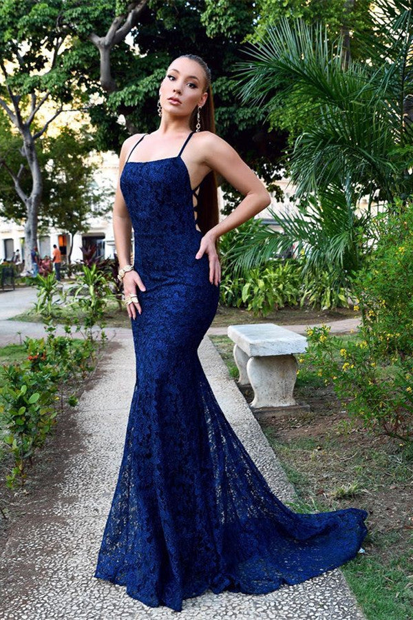 Mermaid Navy Blue Lace Evening Dress