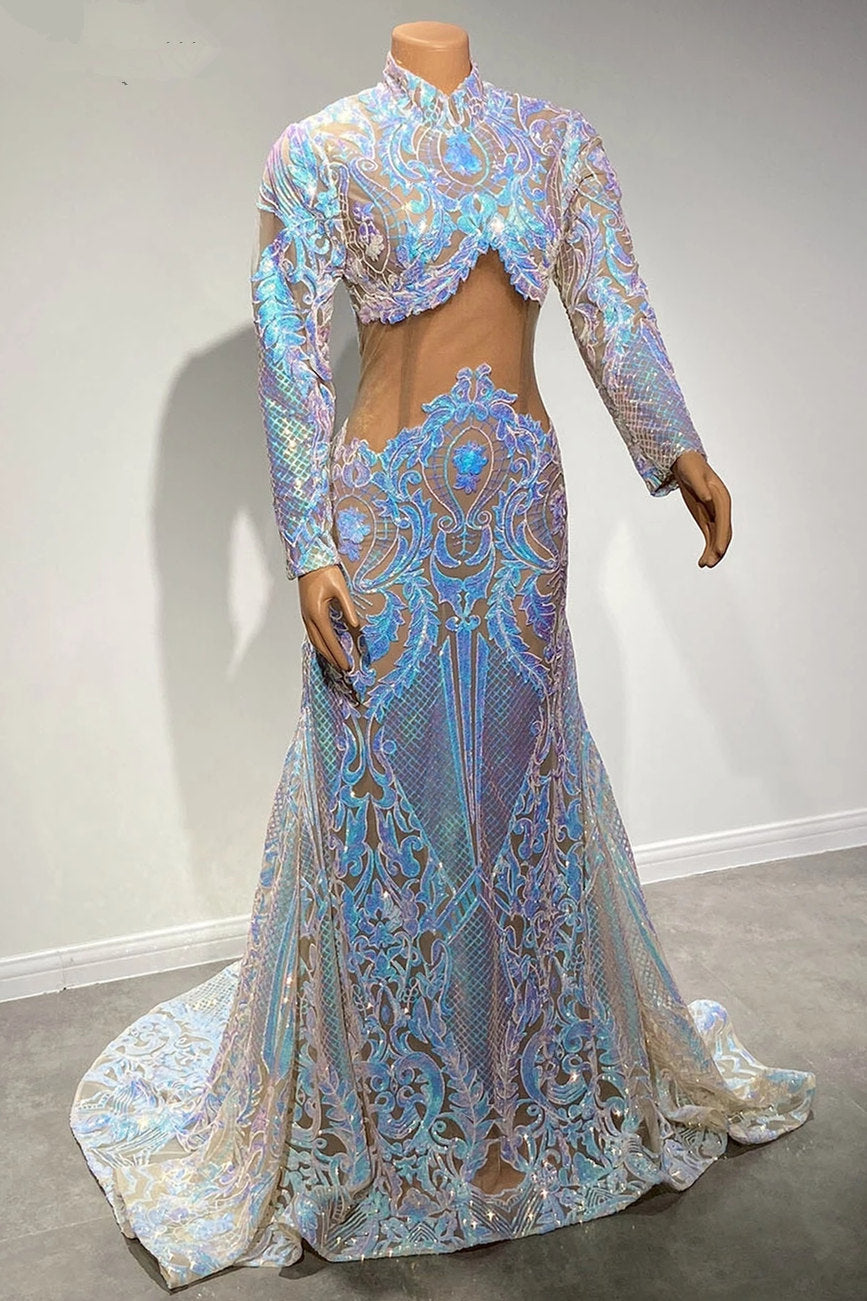 Mermaid Prom Dress with High Neck & Sequins Lace Sleeves