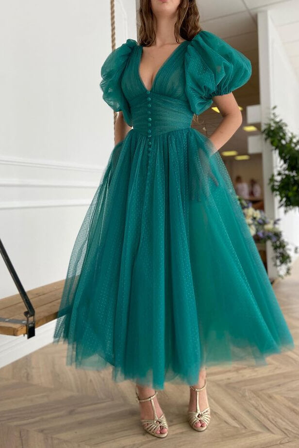 On Sale: V-Neck A-line Evening Dress with Short Sleeves - Dark Green