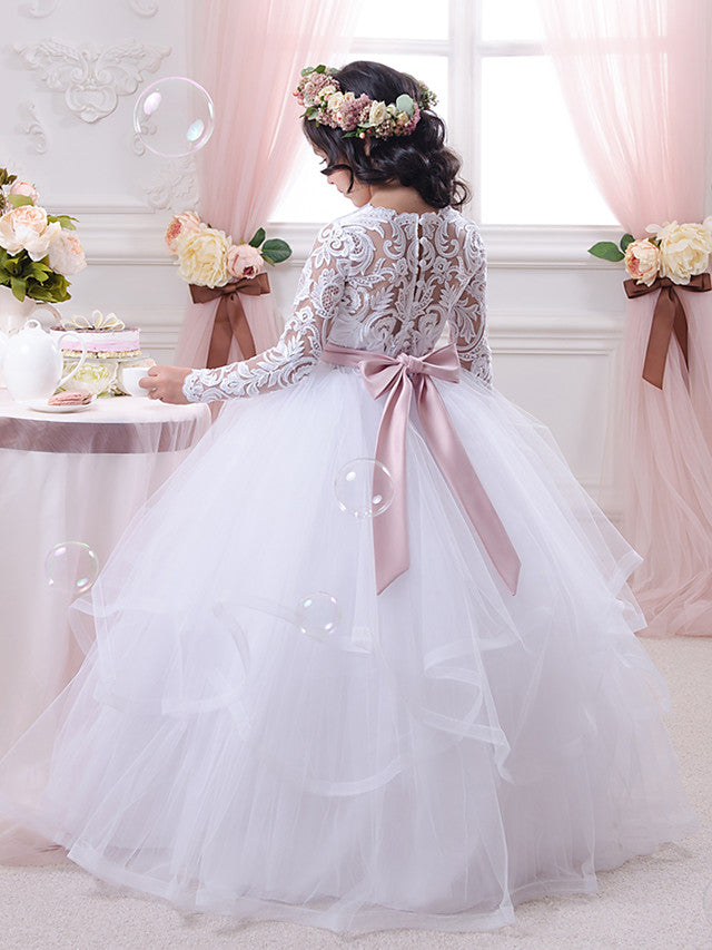 Lace Tulle Ball Gown Flower Girl Dress with Lace Appliques & Buttons