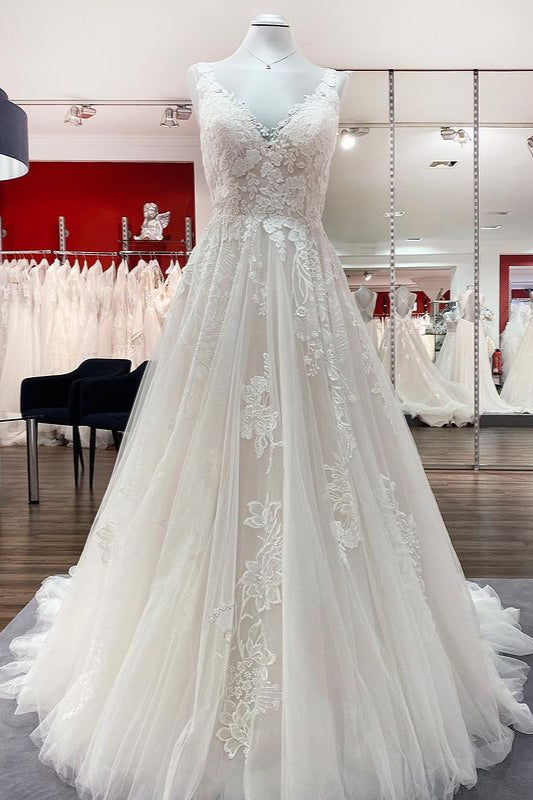 Elegant A-Line Lace Wedding Dress With Open Back and Appliques