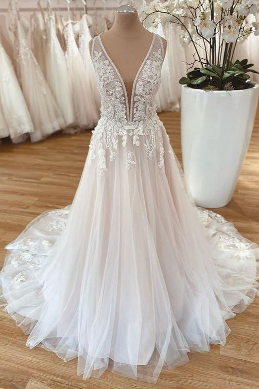 Wide Straps A-Line Tulle Floor-length Wedding Dress with Floral Lace