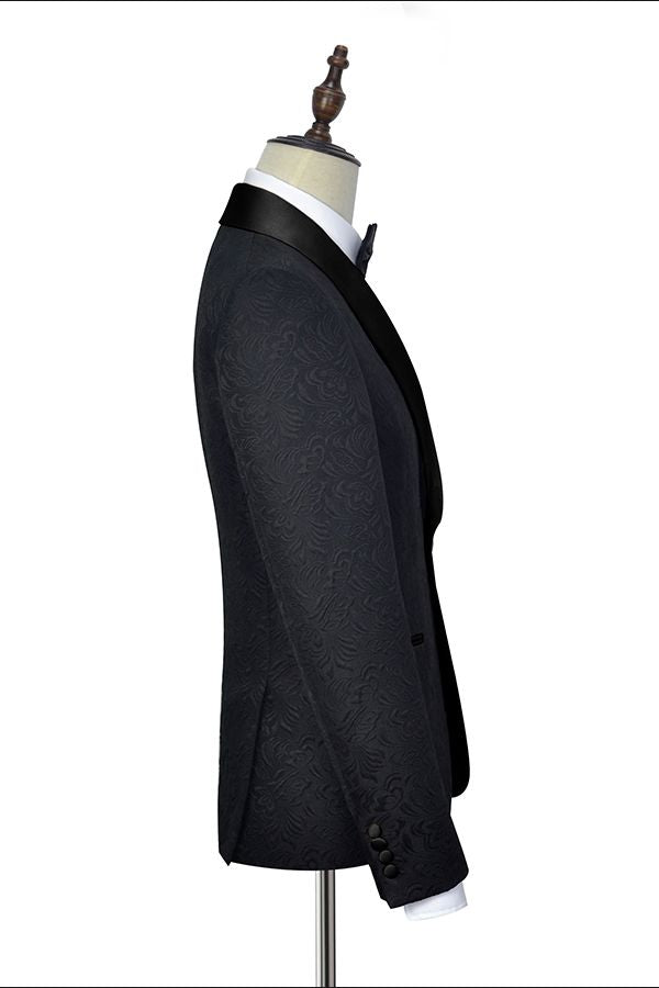 Classic Black Jacquard Tuxedo for Men | Shawl Lapel Silk One Button Wedding Suits