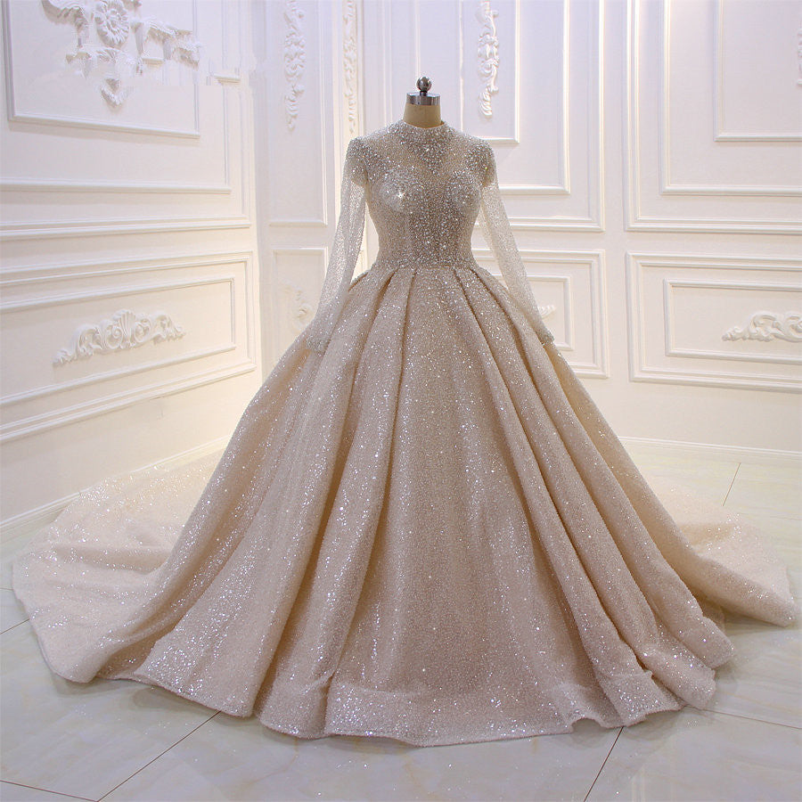 Gorgeous High-neck Long Sleeves Satin Ball Gown Wedding Dress with Sequins