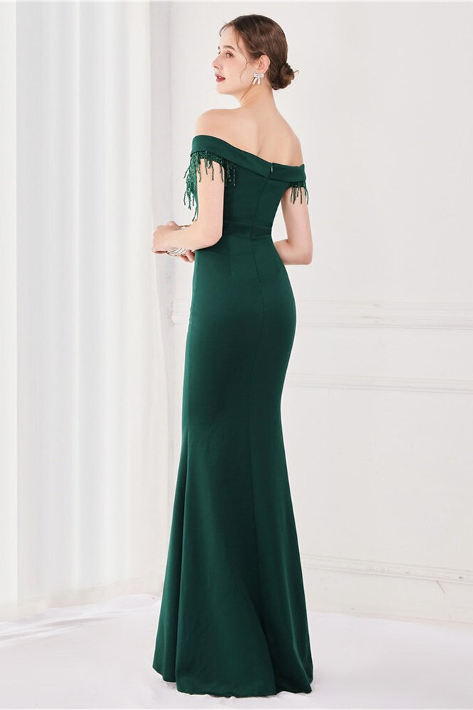 Dark Green V-Neck Mermaid Evening Dress with Appliques and Tassel