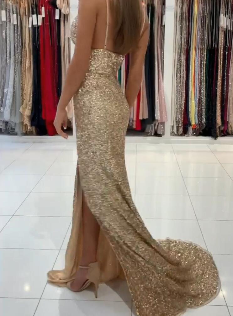 Mermaid Prom Dress with Glittering Sequins and Slit