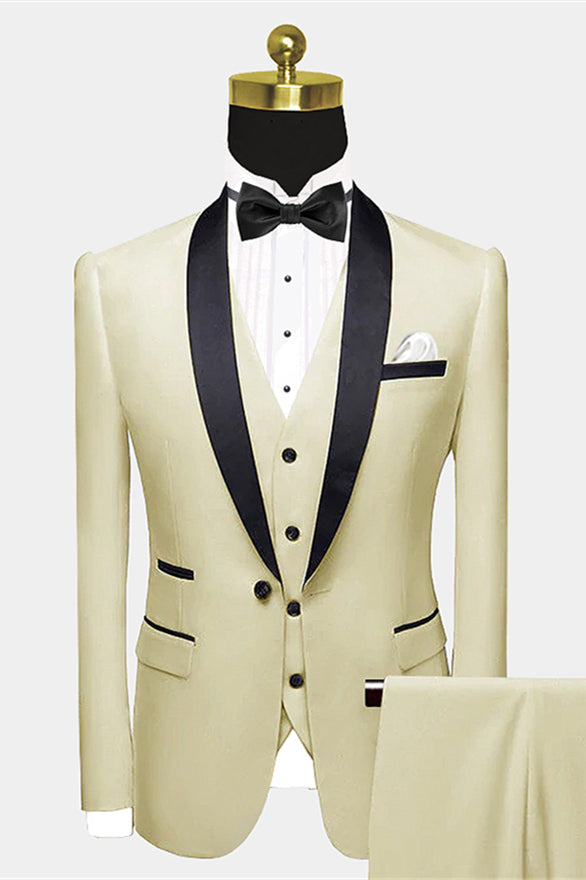 Modern Champagne Shawl Lapel Tuxedo Damask Wedding Suit For Men