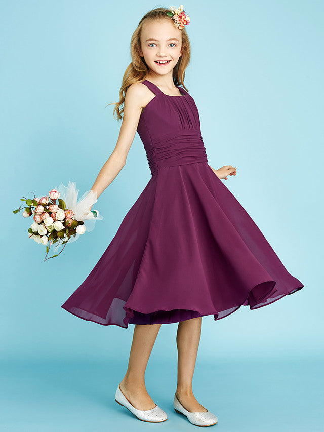 A-Line Straps Knee Length Chiffon Junior Flower Girl Dress with Sash Draping and Natural Look