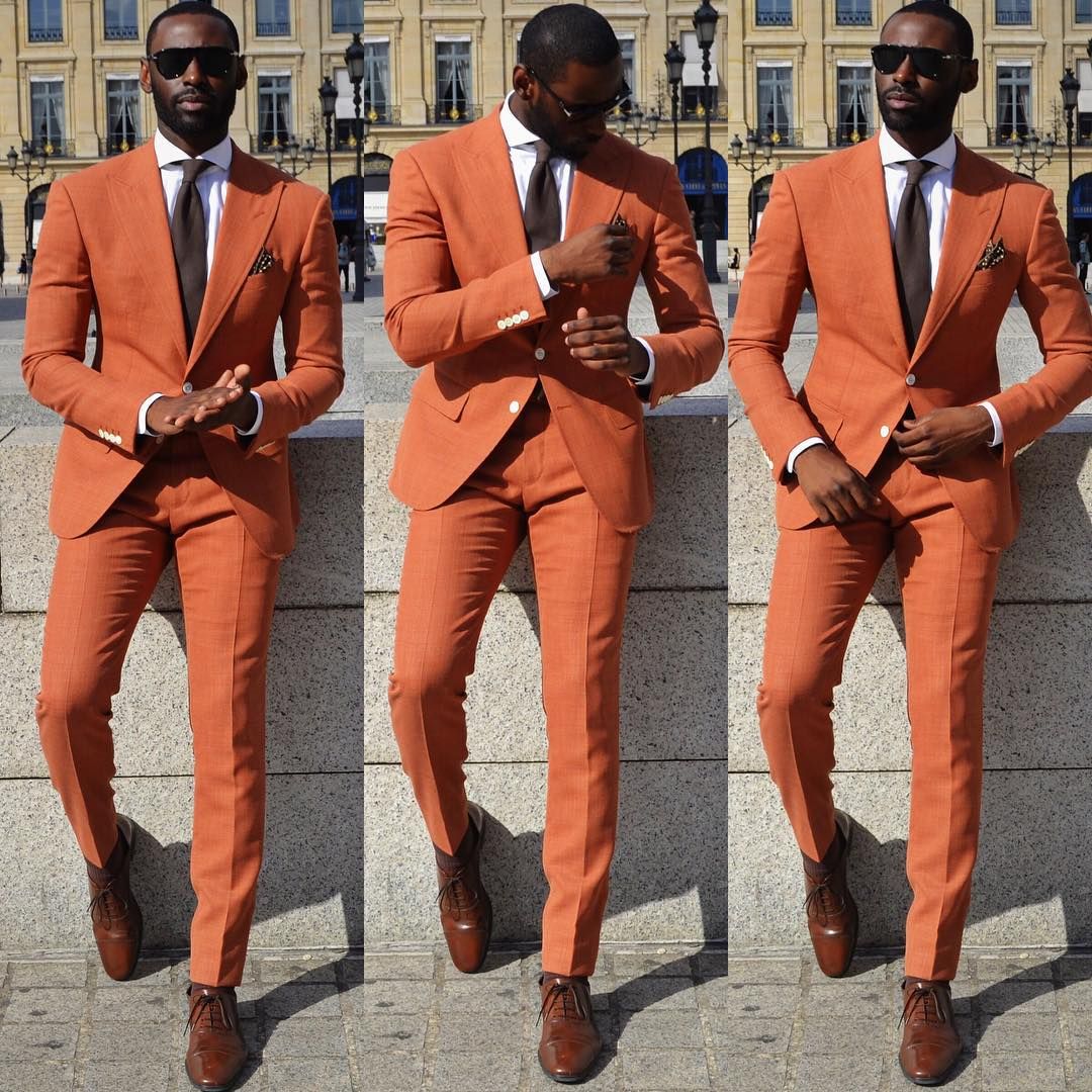 New Arrival Peaked Lapel Casual Orange Wedding Suits for Groom and Groomsmen