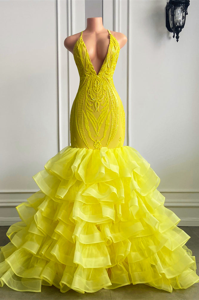 Halter Bright Yellow V Neck Mermaid Lace Prom Dress with Ruffle