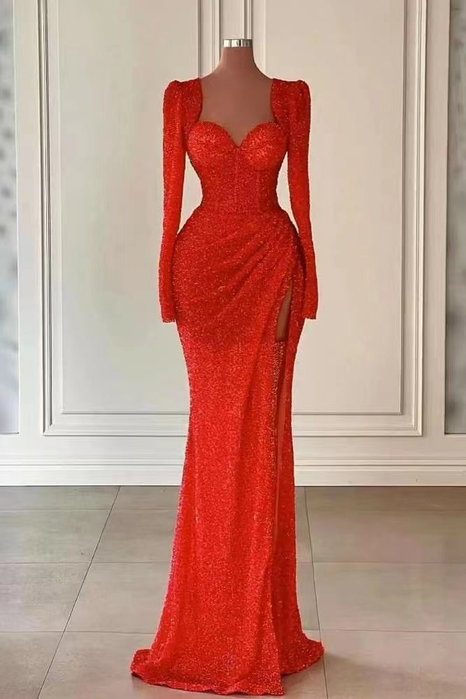 Red Sweetheart Mermaid Evening Dress with Splits and Long Sleeves