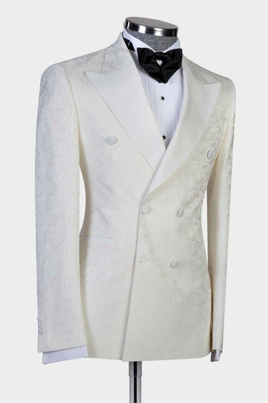 White Jacquard Peaked Lapel Wedding Suit for Men