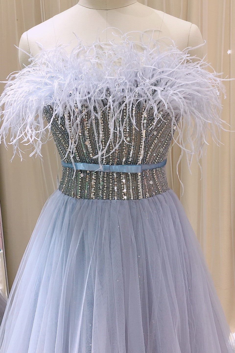 A Line Strapless Prom Dress with Tulle and Feathers Appliques - Amazing!