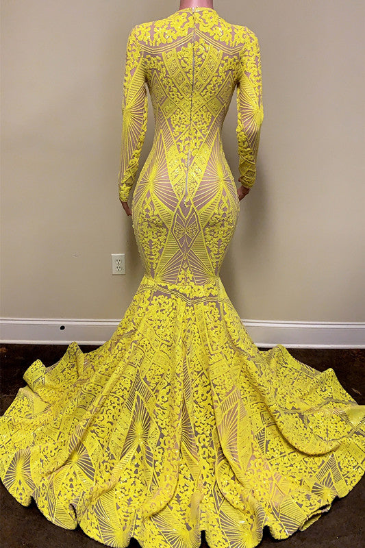 Bright Yellow Long Sleeves Mermaid Prom Dress