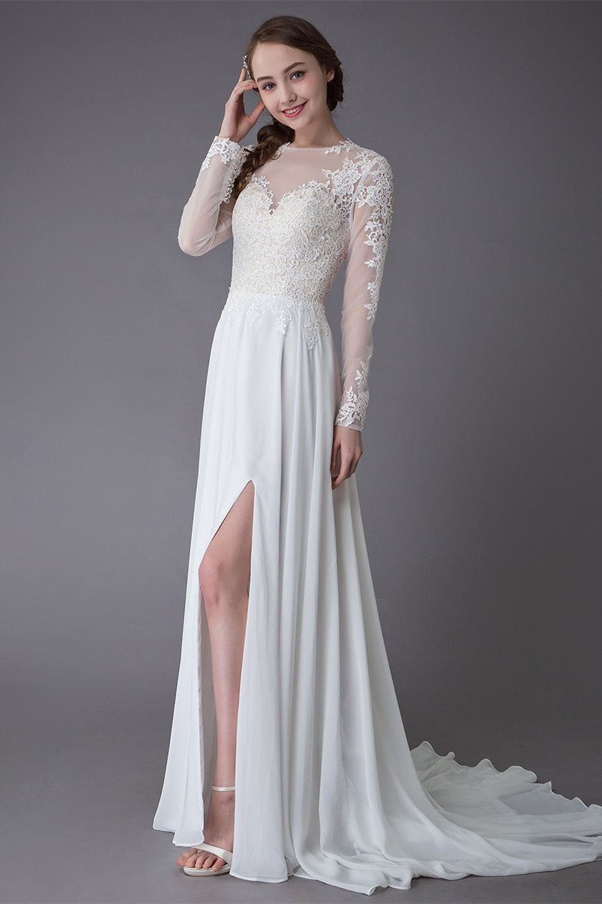 Elegant Lace Slit Long Sleeves Wedding Dress