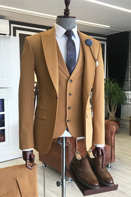 3 Pieces Gold Brown Party Mans Suit For Prom With Peaked Lapel