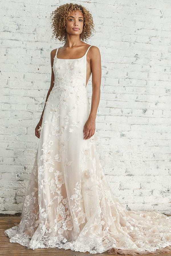 Gorgeous Lace Appliques Spaghetti-Straps Wedding Dress Sleeveless Online