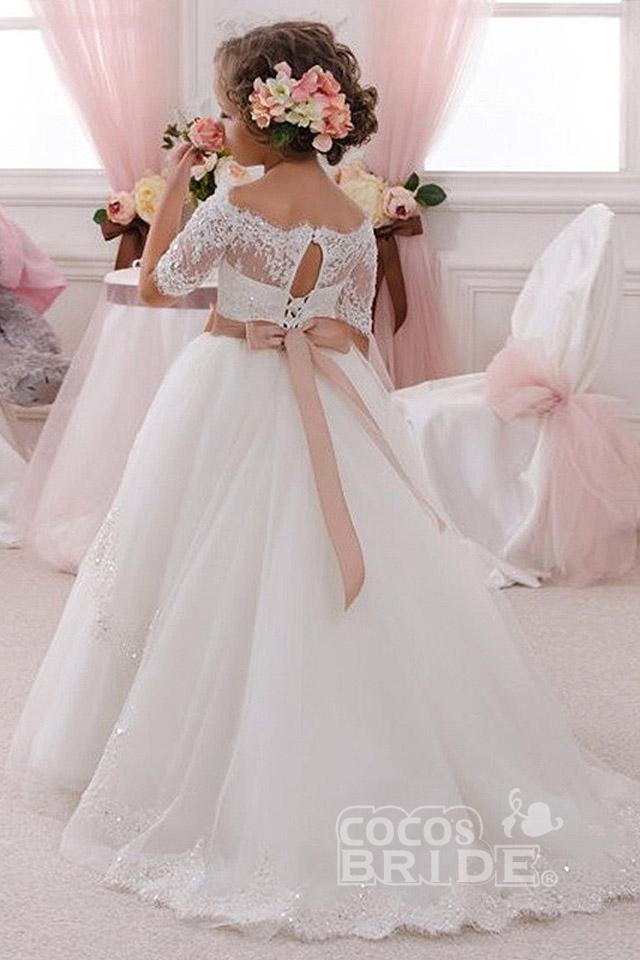 Gorgeous White Ball Gown for Girls with 1/2 Sleeves and Lace Detail