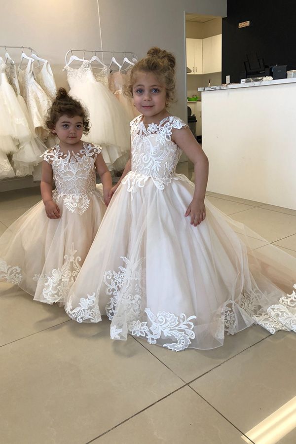 Jewel A-line Flower Girl Dresses with Tulle and Lace Appliques