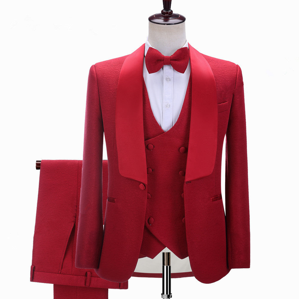 Glamorous Red Three-Piece Wedding Suit For Men - Slim Fit Shawl Lapel