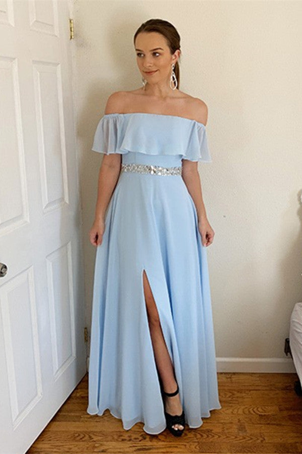 Sky Blue Off-the-Shoulder Prom Dress With Split