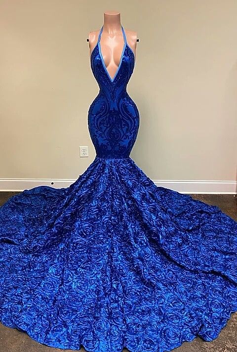 Royal Blue Sequins Prom Dress with Mermaid Bottom and Flower Details