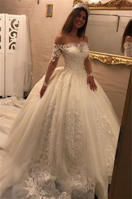 Elegant Off-the-Shoulder Ball Gown Wedding Dress With Lace Appliques