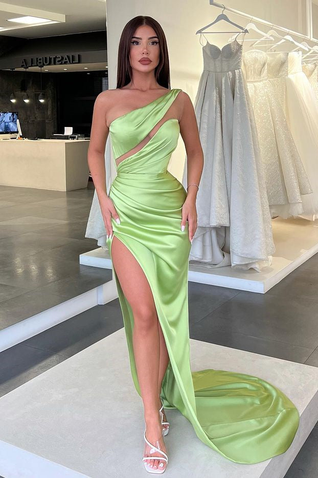 Light Green One-Shoulder Long Sleeveless Slit Evening Dress