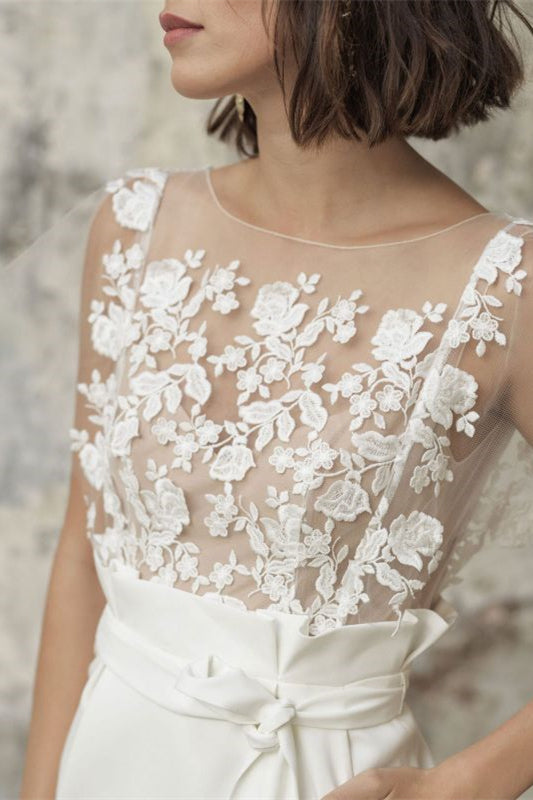 Short Wedding Dress With Pocket & Applique Bateau Belt