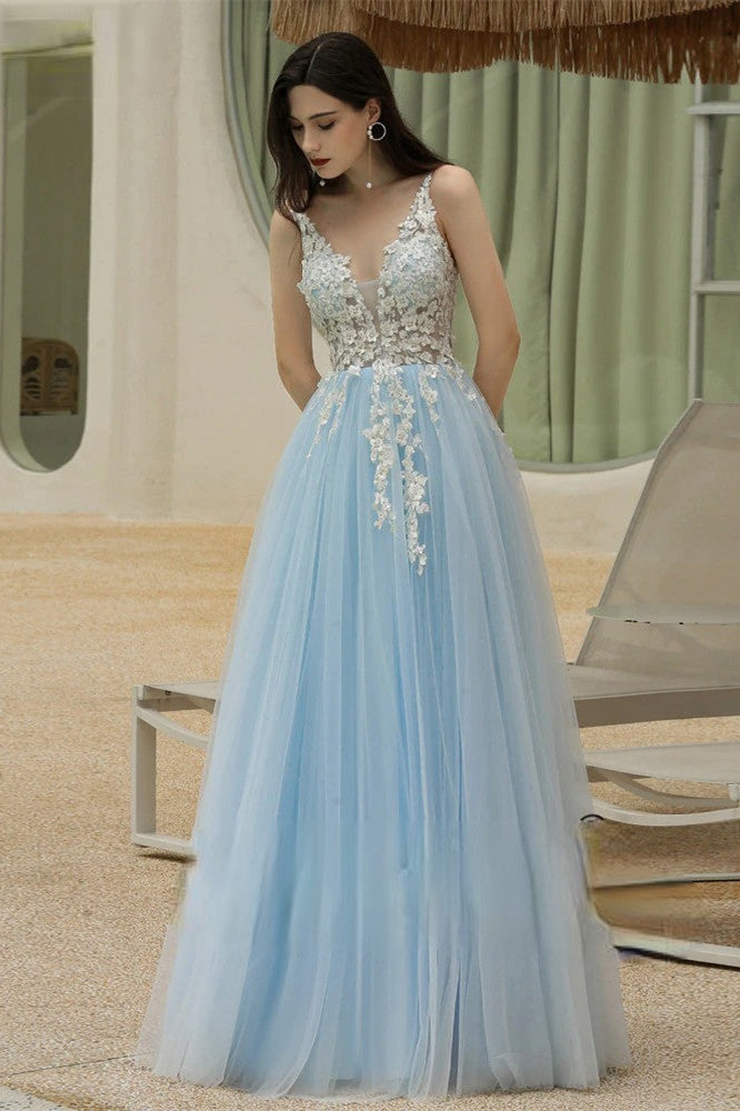 Sky Blue Sweetheart V-Neck Spaghetti-Straps Long Prom Dress