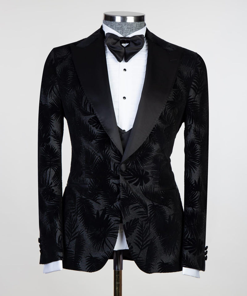 David Modern Black 3-piece Jacquard Peaked Lapel Suit for Men