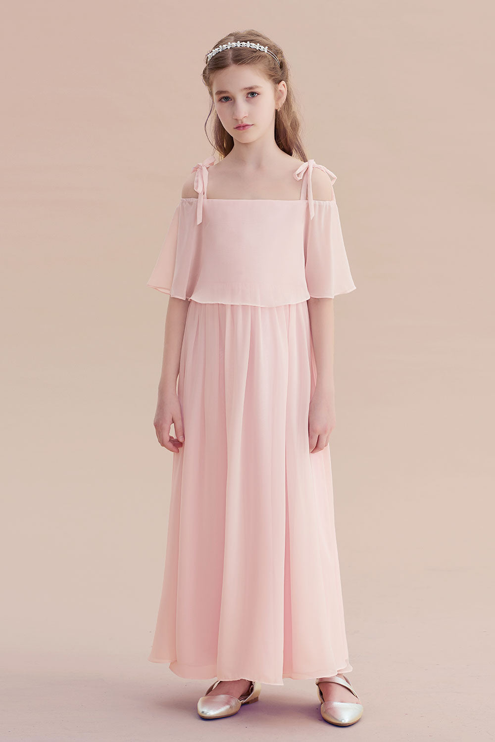 Chiffon Half-Sleeves A-line Flower Girl Dress with Spaghetti Straps and Tiered