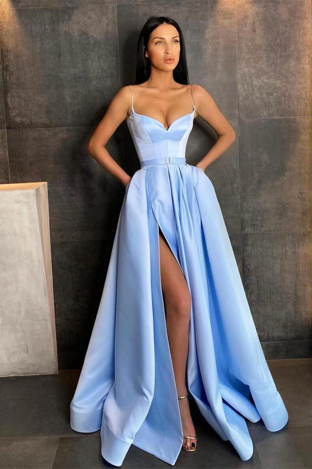Sky Blue A-Line Prom Dress with Split Spaghetti Straps and Pockets