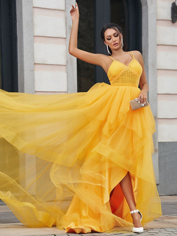 Tulle Prom Dress with Spaghetti-Straps and High-Lo Hem