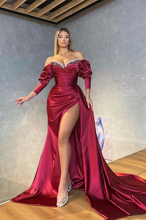 Mermaid Burgundy Prom Dress with Slit - Long Sleeves