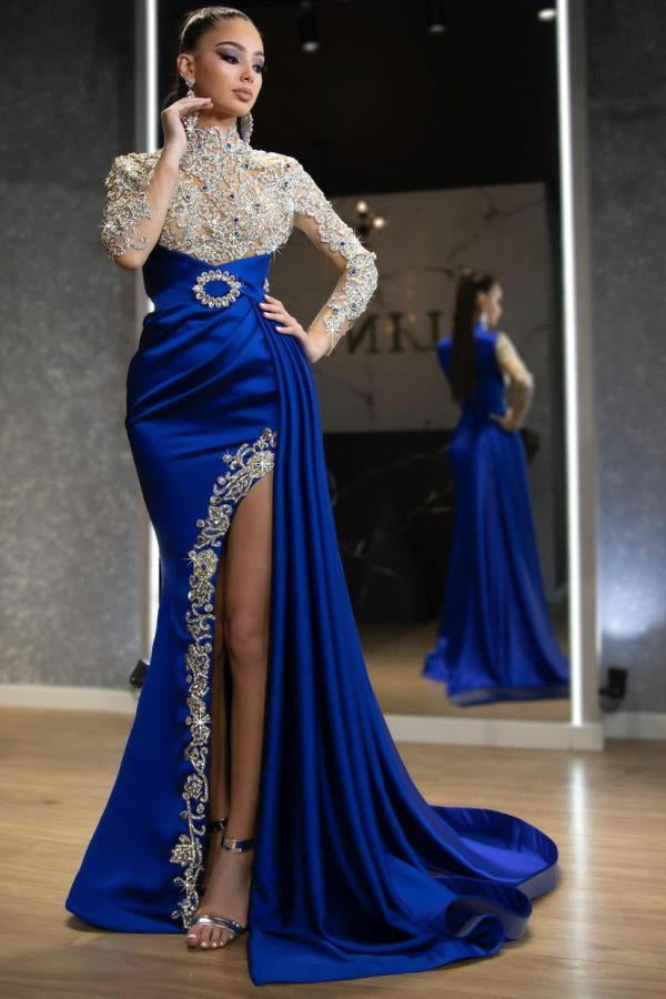 Royal Blue Long Sleeves Mermaid Prom Dress with Split Beadings and Ruffles