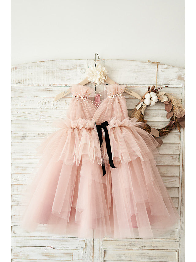 Elegant Sleeveless V Neck Ball Gown Knee Length Flower Girl Dress with Tulle and Pearls Belt