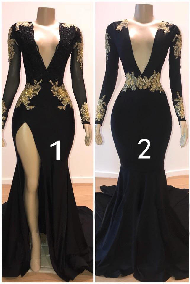 Black Prom Dress with Gold Appliques Long Sleeves