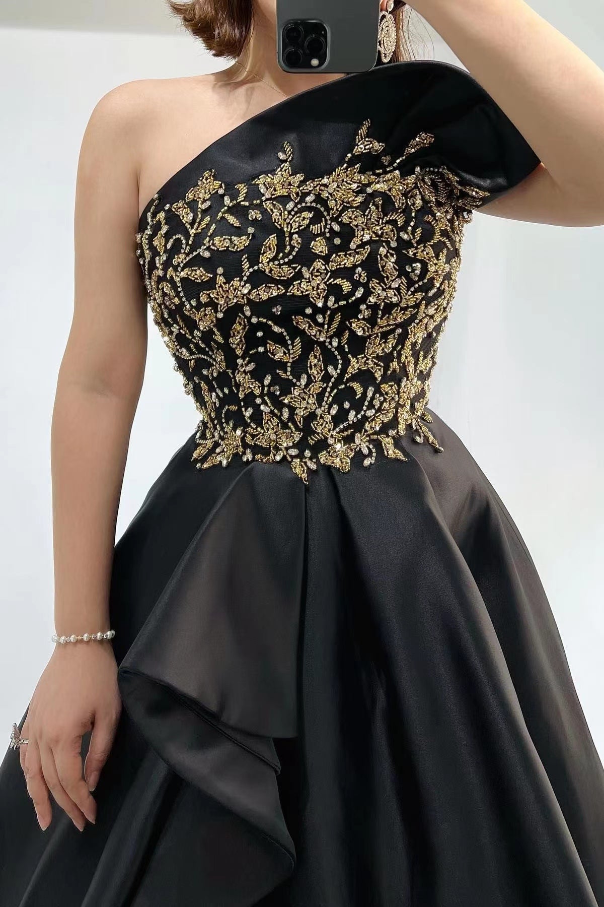 Stunning Black Evening Dress with Beadings & One Shoulder Slit