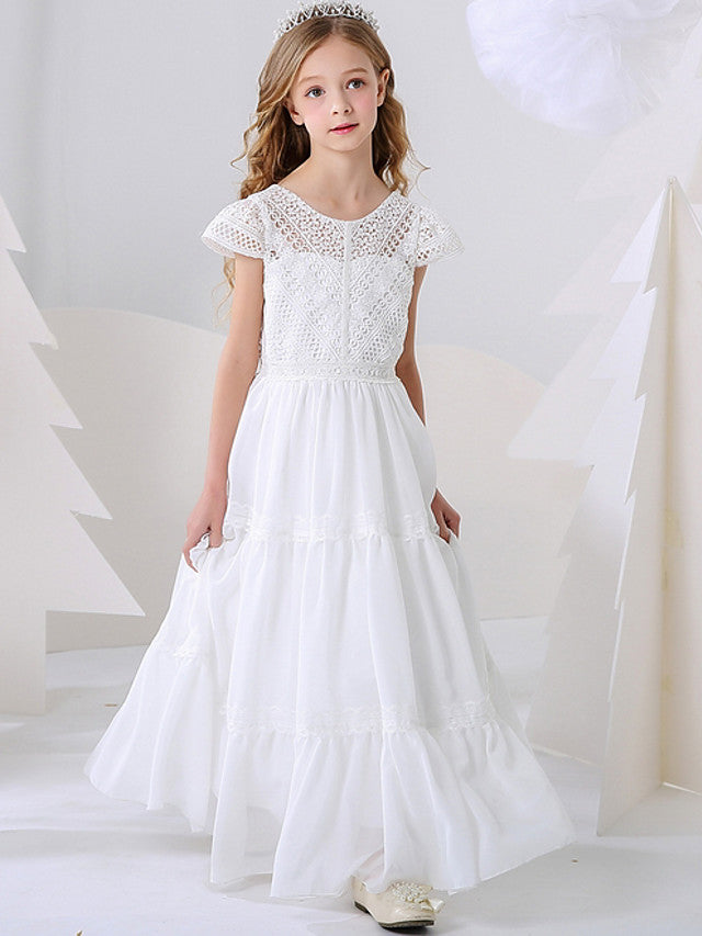 Short Sleeve Jewel A-Line Floor Length Flower Girl Dresses with Pleats