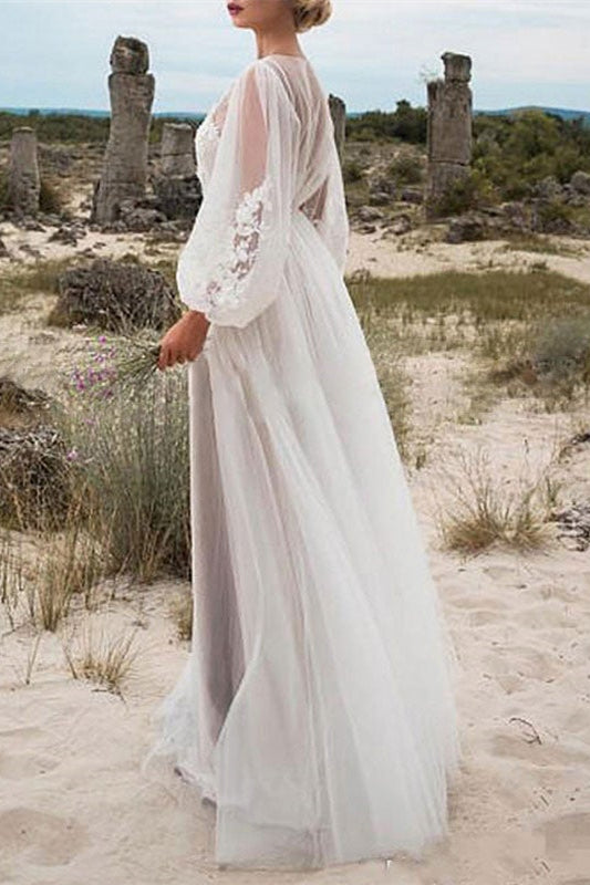 Elegant Tulle Lace Bubble Sleeves Wedding Dress