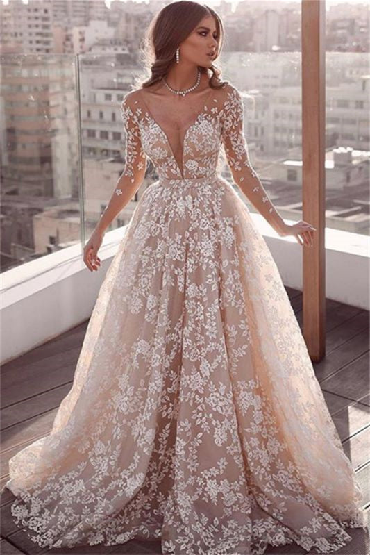 A-Line Long Sleeves Tulle Lace Appliques Wedding Dress