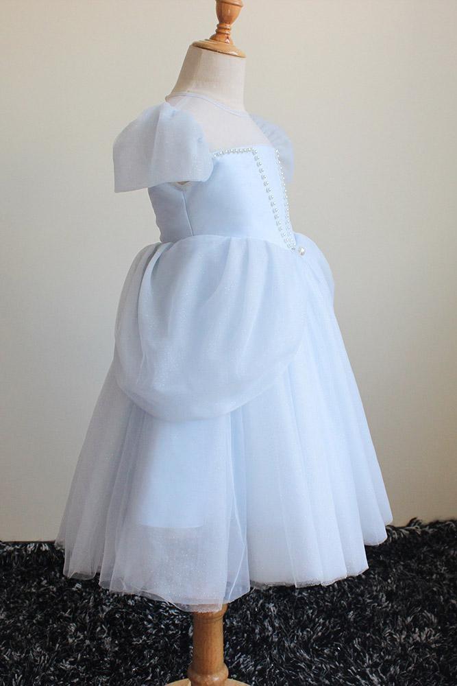 Light Blue Short Sleeves Ball Gown Dress with Scoop Neck