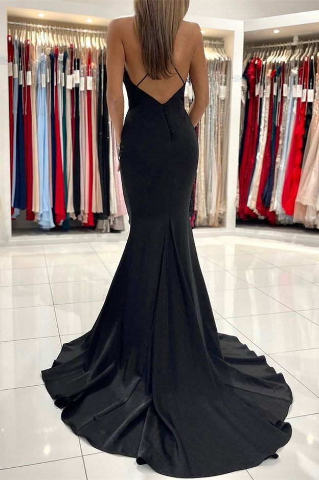 Stunning Spaghetti-Straps Black Long Mermaid Prom Dress